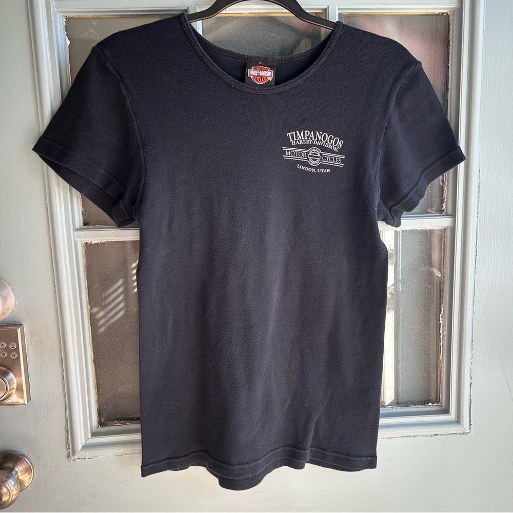 Harley Davidson Motorcycles Womens Short Sleeved Fitted Black Shirt Small Medium